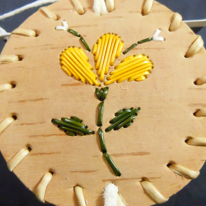 Small birch bark basket with 3 yellow petal quill design