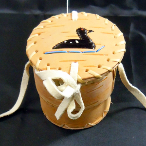 Birchbark basket with black loon porcupine quill design