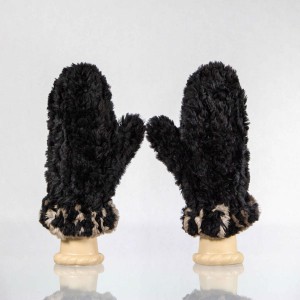 Sheared Knit Beaver Mittens – Black with Brown Blanket Stitch